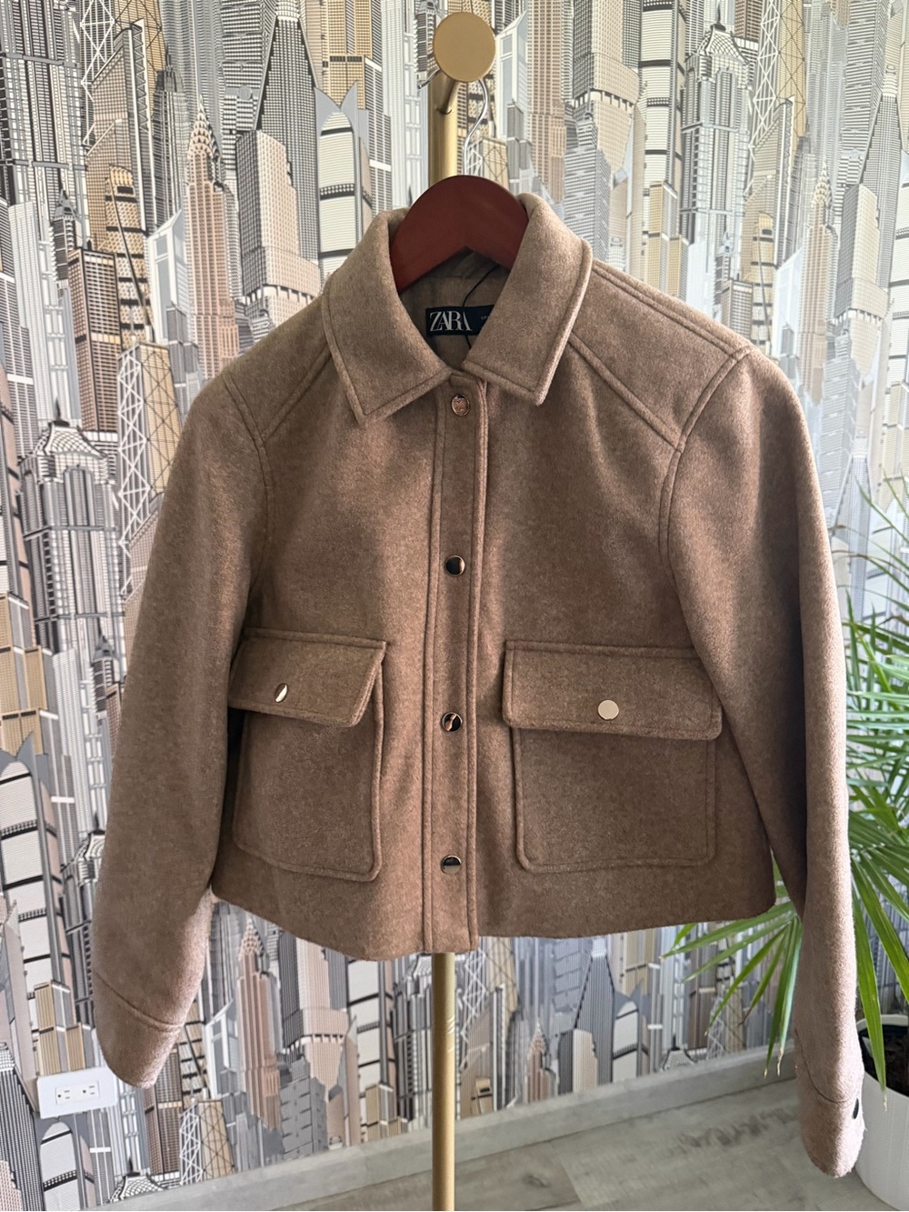 Zara Taupe Cropped Wool-Blend Pea Coat